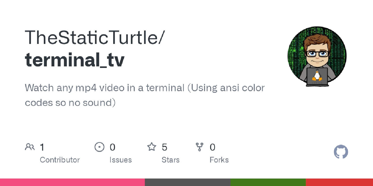 Watch any mp4 video in a terminal (Using ansi color codes so no sound) - TheStaticTurtle/terminal_tv