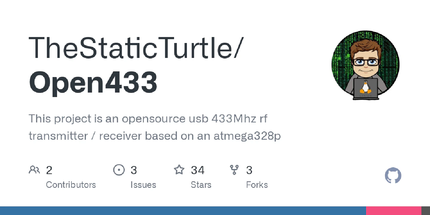 This project is an opensource usb 433Mhz rf transmitter / receiver based on an atmega328p - GitHub - TheStaticTurtle/Open433: This project is an opensource usb 433Mhz rf transmitter / receiver base...